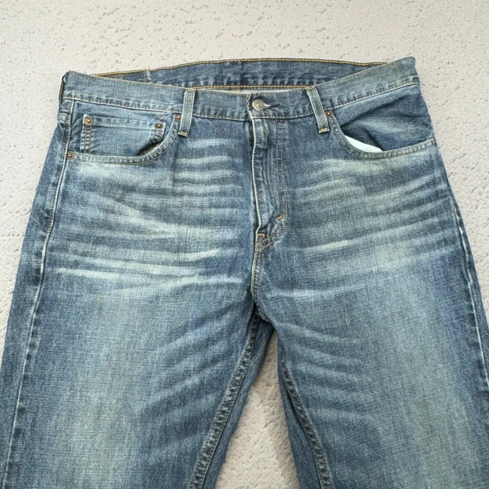 Levi's 527 Slim Bootcut Mens 36x30 Blue Denim Jeans Whiskers Faded Cotton Mid